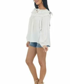 Ces Femme Off White Notch Neck Tie Tiered Frill Blouse