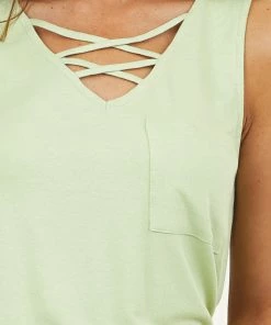 FSL APPAREL Pistachio Green Tank Top With Pocket And Criss Cross Detail Tops
