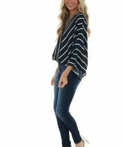 Andree Black And Ivory Striped Surplice Neck Blouse