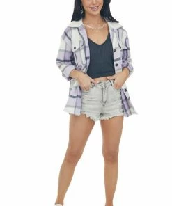 Blue B Tops Lavender Plaid Soft Shirt Jacket With Pockets