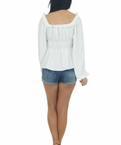 143 Story Ivory Ruched Empire Waist Bubble Sleeve Top
