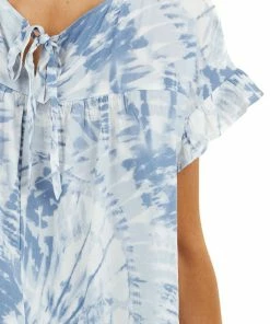 Kori America Tops Slate Blue Tie Dye Blouse With Short Ruffle Sleeves 33 Kori America Tops Slate Blue Tie Dye Blouse With Short Ruffle Sleeves