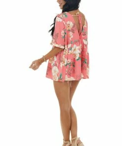 Entro Watermelon Floral Print V Neck Babydoll Top
