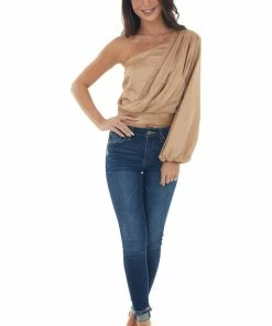 Do + Be Nude One Shoulder Satin Crop Blouse With Lace Tops