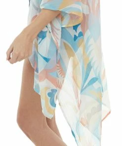 Entro Ivory And Sea Blue Printed Sheer Kimono