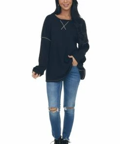 Now N Forever Tops Black Exposed Seam Ribbed Waffle Knit Top