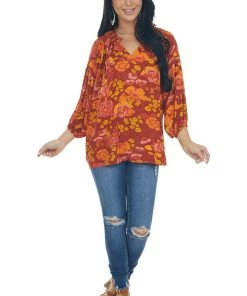 Entro Tops Cinnamon Floral Print Peasant Style Blouse