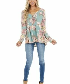 Bluivy Tops Sage Floral Print Babydoll Top With Button Front Detail