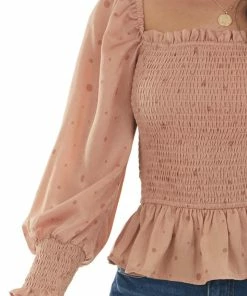 Blu Pepper Dark Coral Dotted Smocked Bodice Peplum Blouse Tops