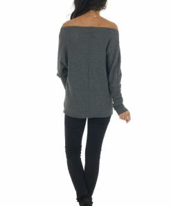 First Love Graphite Waffle Knit Boat Neck Long Cuff Top