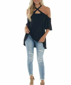 Fantastic Fawn Tops Black Flutter Sleeve Cold Shoulder Halter Top