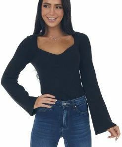 Do + Be Tops Black Flare Sleeve Side Slit Ribbed Sweater