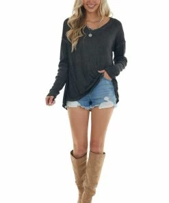 Umgee Heathered Black Knit Top With Ribbed Knit Details 30 Umgee Heathered Black Knit Top With Ribbed Knit Details