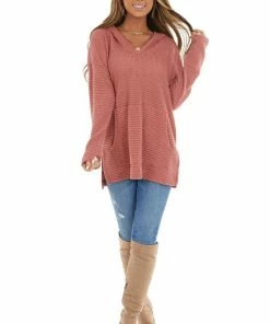 First Love Dusty Rose Stretchy Waffle Knit Hooded Long Sleeve Top