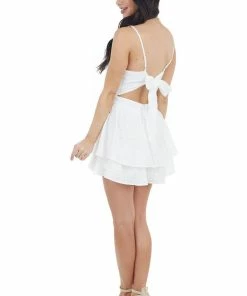 Main Strip Off White Ruffled Romper With Adjustable Spaghetti Straps Dresses