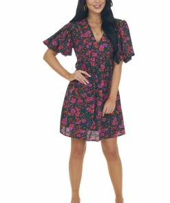 Entro Black Floral Print Puff Sleeve Mini Dress Dresses