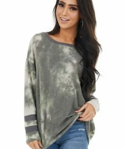 Vanilla Bay Hunter Green Tie Dye Long Sleeve Ribbed Hemline Knit Top Tops