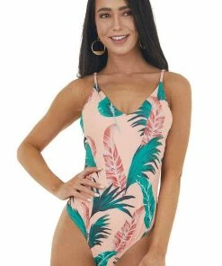 Envya Peach Leaf Print One Piece Swimsuit With Cutout Details 31 Envya Peach Leaf Print One Piece Swimsuit With Cutout Details