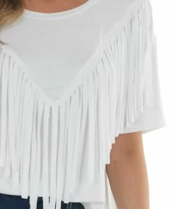 Jodifl Off White Short Sleeve Fringe Overlay Knit Top