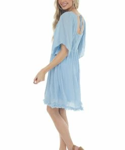Umgee Powder Blue Babydoll Short Dress With Flutter Sleeves Dresses