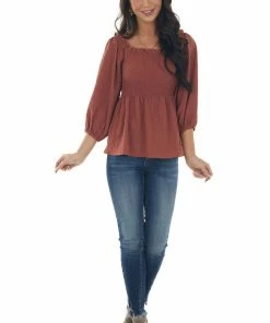 Hailey & Co Marsala Textured Smocked Bodice 3/4 Sleeve Top 30 Hailey & Co Marsala Textured Smocked Bodice 3/4 Sleeve Top