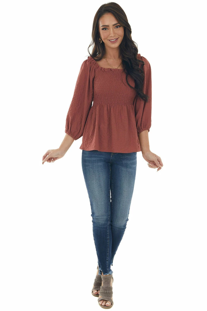 Hailey & Co Marsala Textured Smocked Bodice 3/4 Sleeve Top 15 Hailey & Co Marsala Textured Smocked Bodice 3/4 Sleeve Top