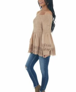 Nostalgia Latte Smocked Off Shoulder Babydoll Lace Top Tops