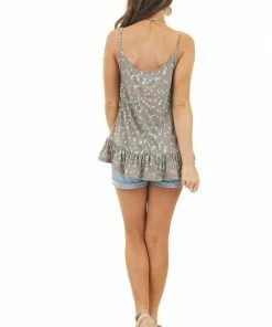 Ces Femme Mocha Leopard Print Knit Tank Top With Ruffle Hemline Tops