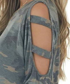 Haptics Olive Camo Raglan Sleeve Ladder Cut Out Top