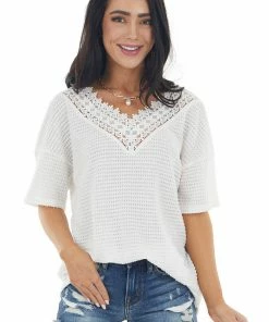 BiBi Off White Waffle Knit V Neck Short Sleeve Top With Lace Tops