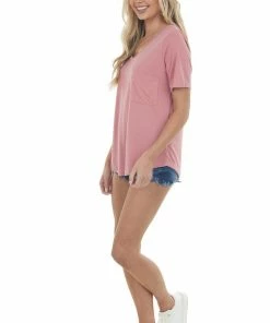 Style Melody Tops Hazy Punch Short Sleeve Chest Pocket Knit Top