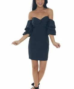 1 Funky Black Ruched Bust Mini Dress With Puff Sleeves