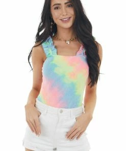 Entro Tops Multicolor Tie Dye Sleeveless Bodysuit With Ruffled Straps
