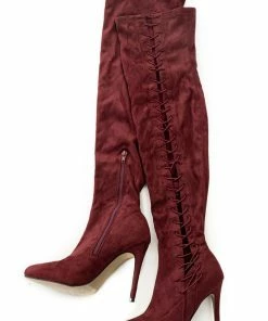 JP ORIGINAL CORP Wine Lace Up Thigh High Stiletto Suede Boots