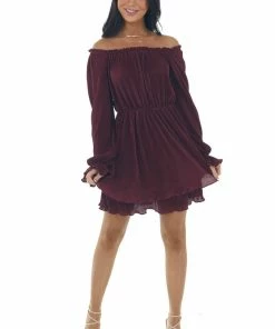 She + Sky Rich Wine Off The Shoulder Pleated Dress 17 She + Sky Rich Wine Off The Shoulder Pleated Dress
