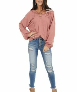 12PM Tops Dusty Coral Hooded Top With V Neck And Front Tie Detail 33 12PM Tops Dusty Coral Hooded Top With V Neck And Front Tie Detail