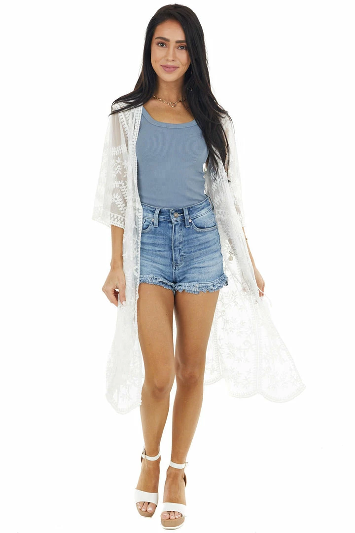 Davi & Dani Kimonos Eggshell Floral Lace Sheer Kimono With Front Tie Detail 13 Davi & Dani Kimonos Eggshell Floral Lace Sheer Kimono With Front Tie Detail