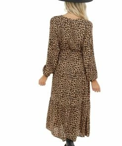 Supreme Fashion Desert Sand Button Up Leopard Print V Neck Midi Dress Dresses
