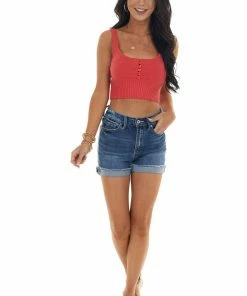 Emory Park Scarlet Sleeveless Knit Crop Top With Buttons Tops