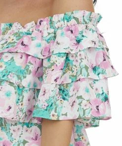Entro Aquamarine Floral Off Shoulder Overlay Blouse
