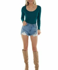 Entro Tops Pine Knit Long Sleeve Bodysuit With Wide Round Neckline