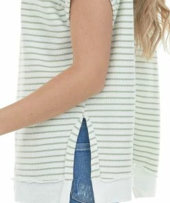 Umgee Sage And Ivory Striped V Neck Waffle Knit Top