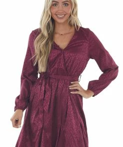143 Story Dresses Berry Leopard Surplice Flounce Hem Dress