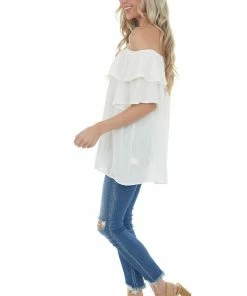 143 Story Tops Ivory Off The Shoulder Metallic Thread Blouse