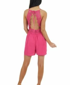 Style Melody Hot Pink Sleeveless Romper With Lace Peekaboo Waist Detail Dresses
