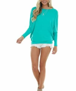 Charlotte Avery Tops Aquamarine Round Neck Top With Long Dolman Sleeves