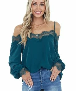Lime Lush Pine Woven Cold Shoulder Top With Eyelash Lace Details