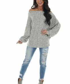 143 Story Dove Grey Snake Print Long Dolman Sleeve Off Shoulder Top Tops