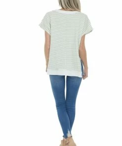 Umgee Sage And Ivory Striped V Neck Waffle Knit Top