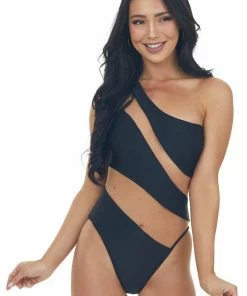 Stylish Swimwear Accessories Black And Nude Mesh One Shoulder Swimsuit